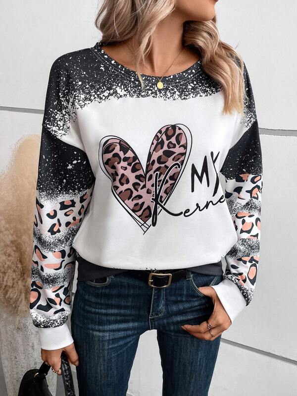 SHEIN LUNE Hanorac cu umăr căzut cu imprimeu leopard și inimă