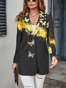 SHEIN LUNE Blazer con estampado de mariposa con botón - Negro - Ver 3