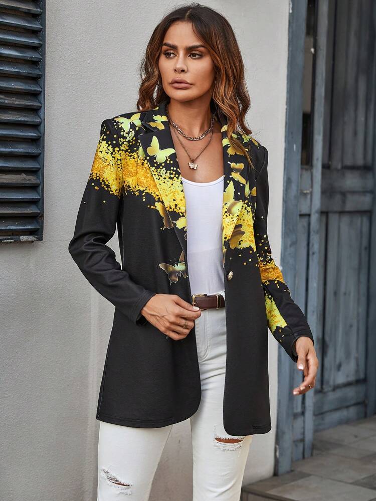 Butterfly Print Single Button Blazer