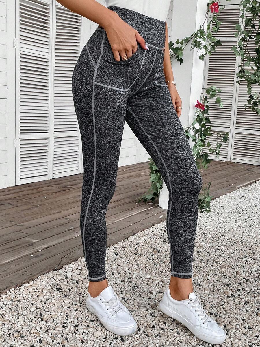 SHEIN LUNE Top-stitching Wideband Waist Leggings - Dark Grey - View 1