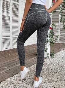 SHEIN LUNE Top-stitching Wideband Waist Leggings - Dark Grey - View 2