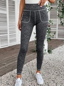 SHEIN LUNE Top-stitching Wideband Waist Leggings - Dark Grey - View 3