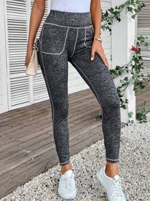 SHEIN LUNE Top-stitching Wideband Waist Leggings - Dark Grey - View 4