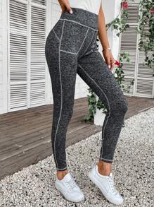 SHEIN LUNE Top-stitching Wideband Waist Leggings - Dark Grey - View 5