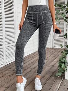 SHEIN LUNE Top-stitching Wideband Waist Leggings - Dark Grey - View 6