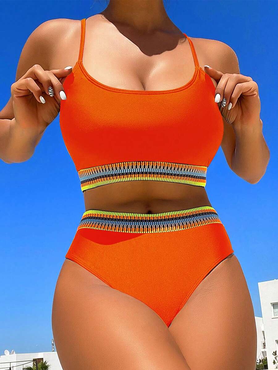 Striped Trim High Waisted Bikini Set - Orange - View 1