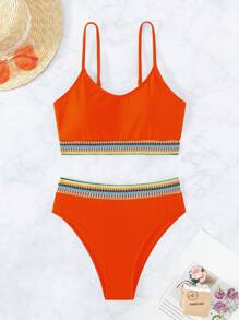 Striped Trim High Waisted Bikini Set - Orange - View 3