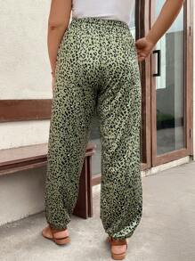 EMERY ROSE Plus Leopard Print Drawstring Waist Trousers - Army Green - View 2