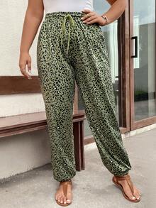 EMERY ROSE Plus Leopard Print Drawstring Waist Trousers - Army Green - View 4