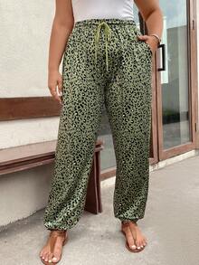 EMERY ROSE Plus Leopard Print Drawstring Waist Trousers - Army Green - View 5
