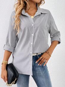 SHEIN Essnce 條紋印花捲邊袖襯衫 - 白色 - 查看 5