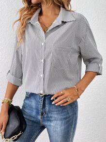 SHEIN Essnce 條紋印花捲邊袖襯衫 - 白色 - 查看 6