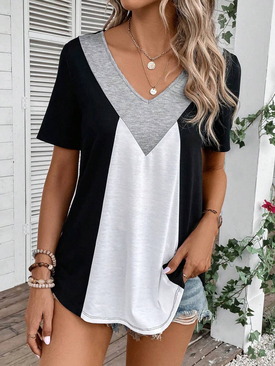 SHEIN LUNE Colourblock V Neck Tee - Multicolor - View 1