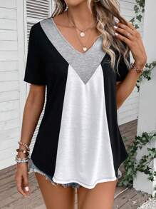 SHEIN LUNE Colourblock V Neck Tee - Multicolor - View 3