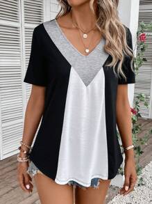 SHEIN LUNE Colourblock V Neck Tee - Multicolor - View 4