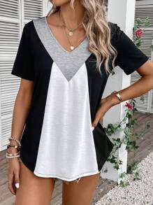 SHEIN LUNE Colourblock V Neck Tee - Multicolor - View 5