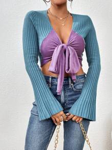 Chiquease Two Tone Knot Front Trumpet Sleeve Crop Cardigan - Multicolor - View 1
