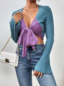 Chiquease Two Tone Knot Front Trumpet Sleeve Crop Cardigan - Multicolor - View 3