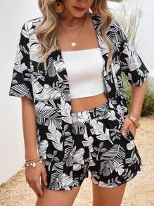 SHEIN LUNE 热带印花和服和短裤度假两件套 - 黑與白 - 查看 4