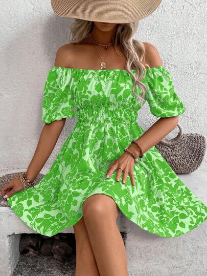 SHEIN VCAY Allover Floral Print Off Shoulder Puff Sleeve Dress