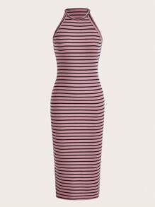 SHEIN EZwear Striped Print Halter Neck Bodycon Dress - Dusty Pink - View 1