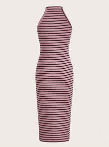 SHEIN EZwear Striped Print Halter Neck Bodycon Dress - Dusty Pink - View 2