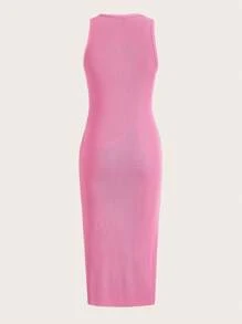 SHEIN EZwear Solid Ribbed Knit Bodycon Dress - Pink - View 2