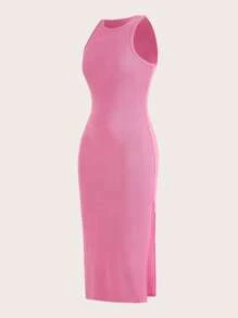 SHEIN EZwear Solid Ribbed Knit Bodycon Dress - Pink - View 3