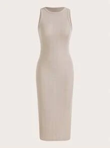 SHEIN EZwear 素色條紋針織緊身連衣裙 - 米色 - 查看 1