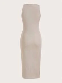SHEIN EZwear 素色條紋針織緊身連衣裙 - 米色 - 查看 2