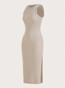 SHEIN EZwear 素色條紋針織緊身連衣裙 - 米色 - 查看 3