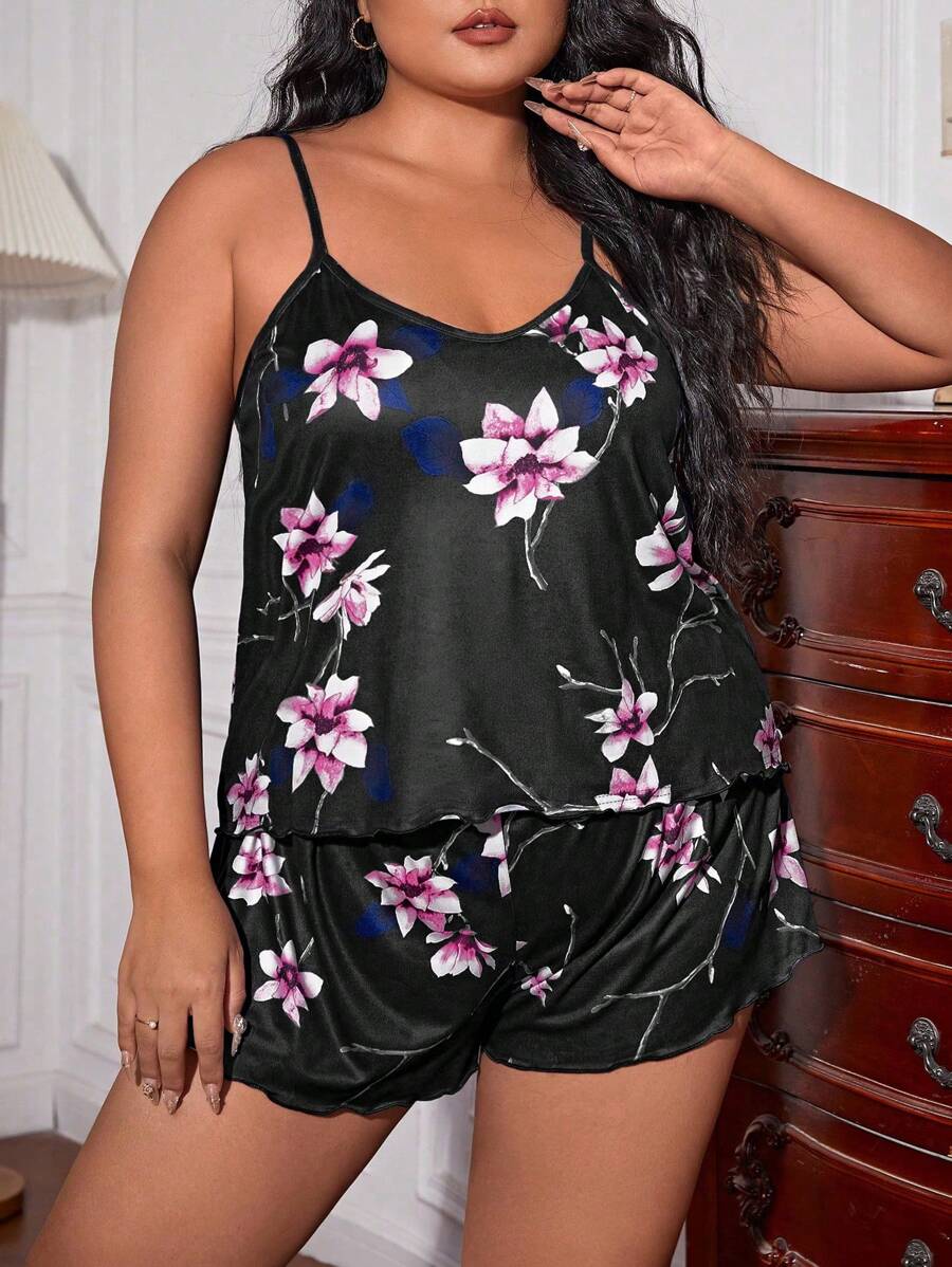 Hơn In hoa Bộ Áo Cami & Quần shorts PJ - màu đen - Xem 1