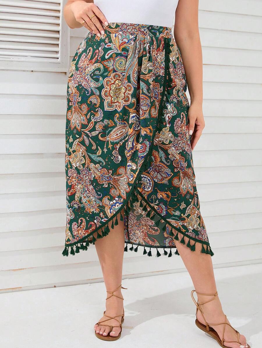 SHEIN LUNE Plus Paisley Print Tassel Trim Wrap Hem Belted Skirt - Green - View 1