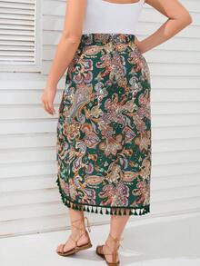 SHEIN LUNE Plus Paisley Print Tassel Trim Wrap Hem Belted Skirt - Green - View 2