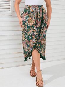 SHEIN LUNE Plus Paisley Print Tassel Trim Wrap Hem Belted Skirt - Green - View 6