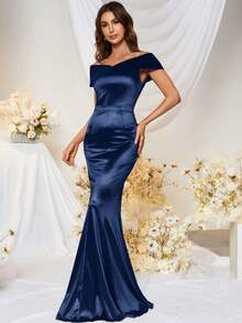 MUXXN 露肩美人鱼下摆缎面派对礼服优雅正式晚会舞会婚礼宾客礼服，适合毕业典礼、晚宴 - 藏蓝色 - 查看 6