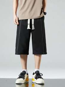 Men Contrast Piping Drawstring Waist Pants - Black - View 1