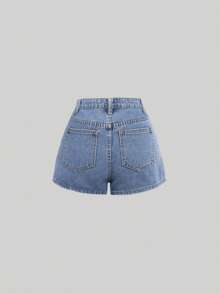 SHEIN Teen Girl Heart Print Denim Shorts - Medium Wash - View 2