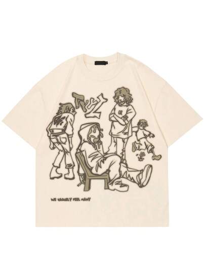男士卡通和標語圖案落肩T恤