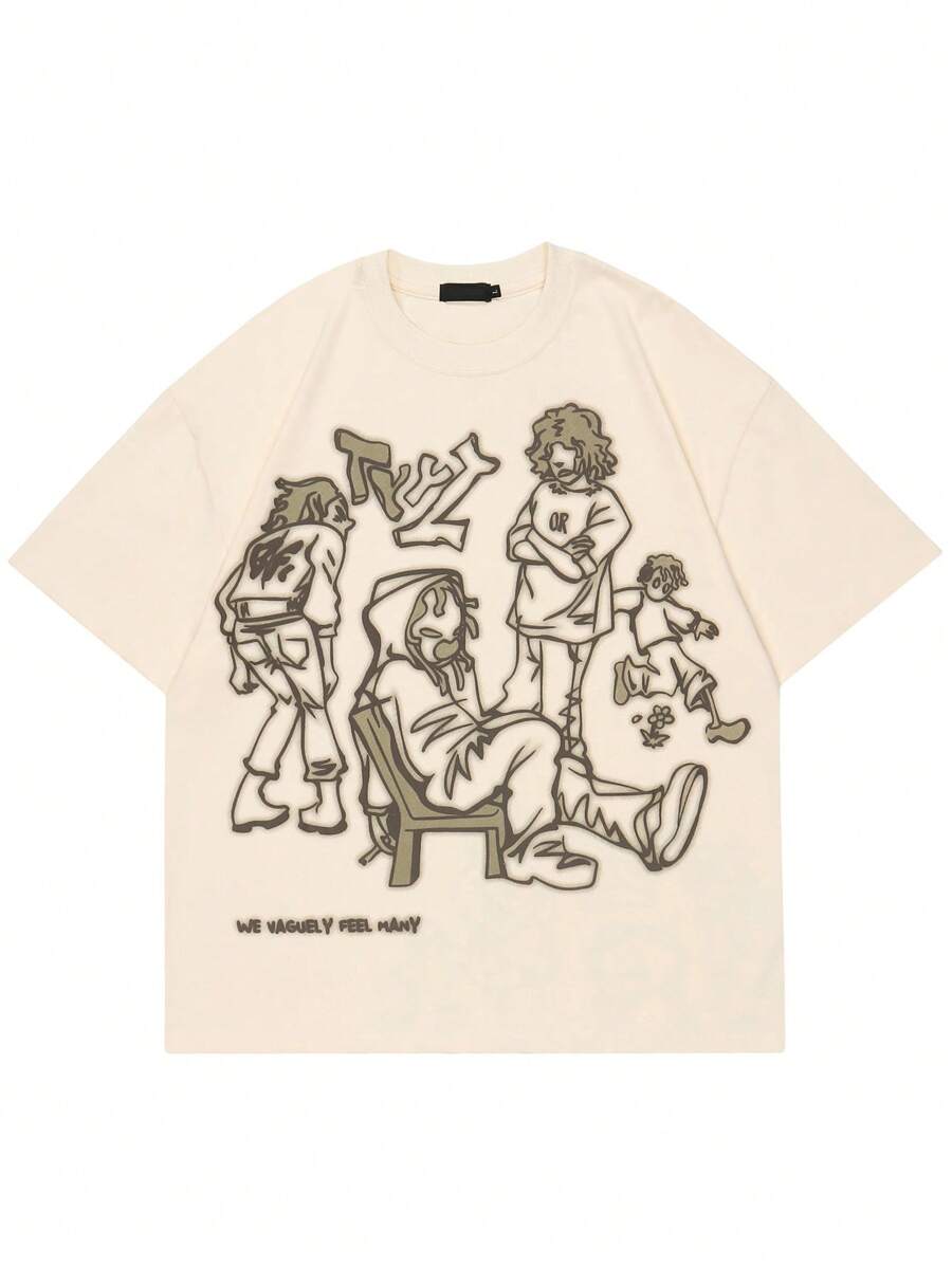 男士卡通和標語圖案落肩T恤 - 米色 - 查看 1