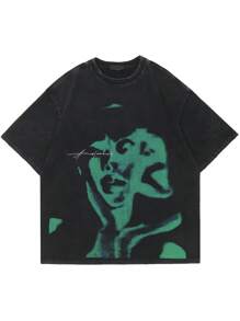 男士印花落肩T恤，透气 - 黑色 - 查看 1