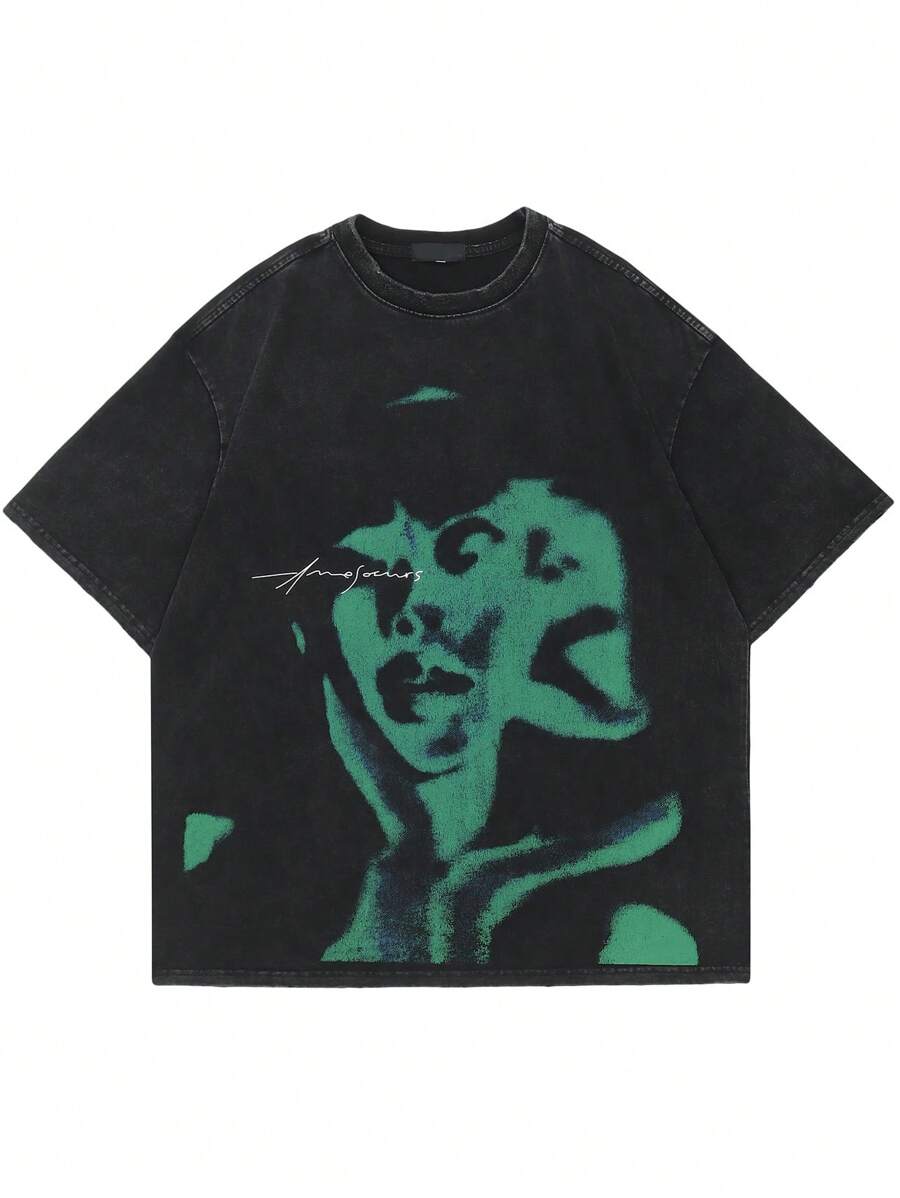 男士印花落肩T恤，透气 - 黑色 - 查看 1