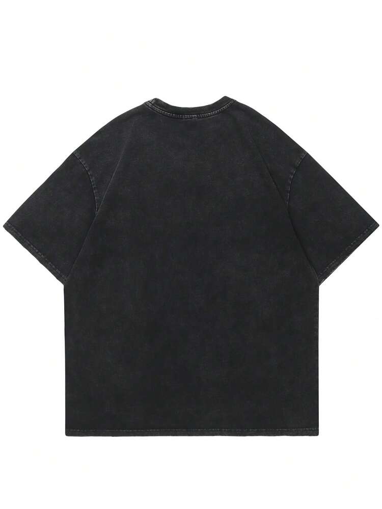 男士印花落肩T恤，透气 - 黑色 - 查看 2