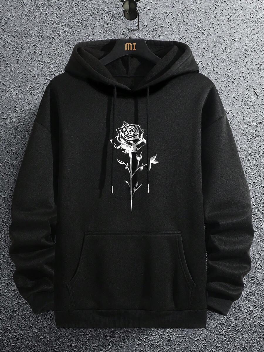 Hemo, Men's Floral Print Drop Shoulder Long Sleeve Casual Loose Hoodie Sweatshirt - Black - View 1