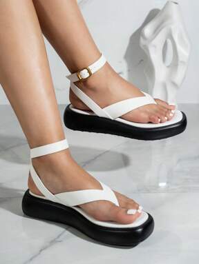 Women's Fashionable Platform Thick Sole Genuine Leather Toe-Loop Metal Buckle Back Strap Sandals