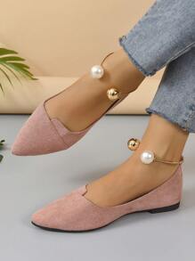 2025 New Low Vamp Pointed Toe Flat Shoes, Pearl Metal Decor Versatile Fairy Style Women Shoes - Dusty Pink - View 2