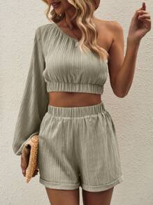 SHEIN LUNE Bộ Áo Crop Top Và Quần Short Kaki Một Vai Tay Phồng Họa Tiết Cho Nữ - Màu Khaki - Xem 6