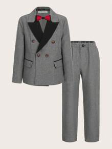 SHEIN Tween Boy Contrast Panel Bow Front Blazer & Suit Pants Set - Grey - View 1
