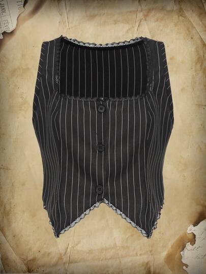 Academia Striped Button Front Asymmetrical Hem Crop Jacket