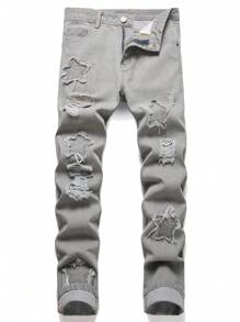 Men Star Patched Ripped Jeans - Grey - View 1
